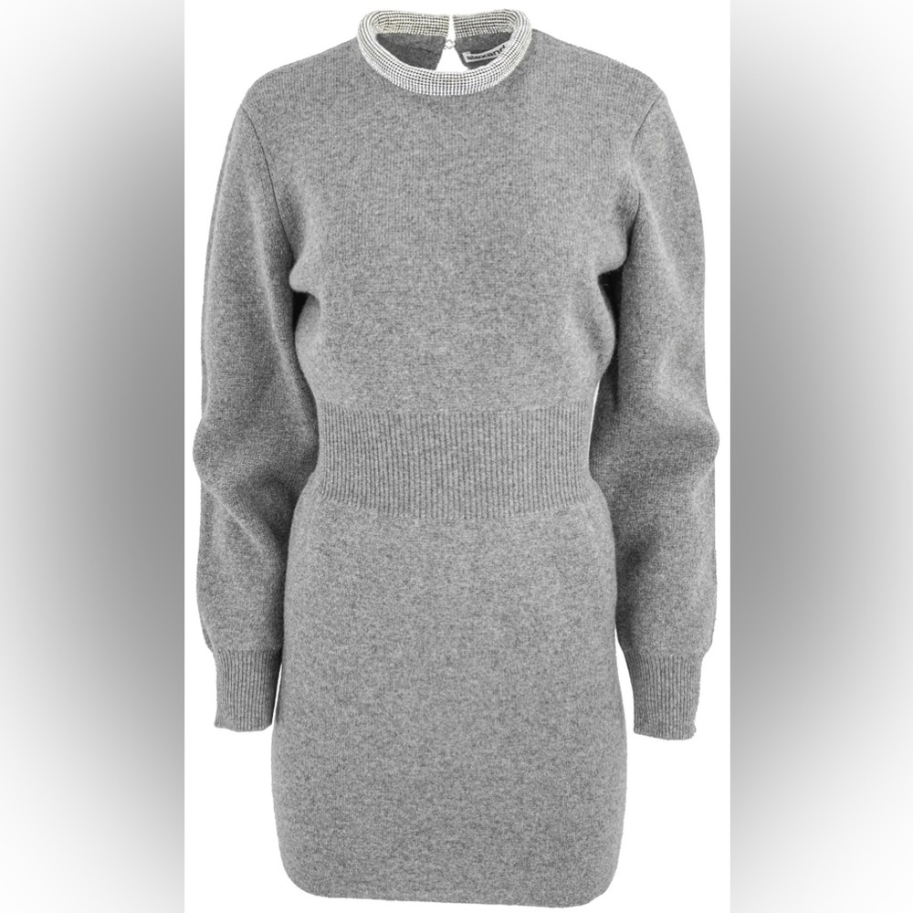 ALEXANDER WANG CINCHED WAIST DRESS WITH CRYSTAL NECKLINE IN GREY
